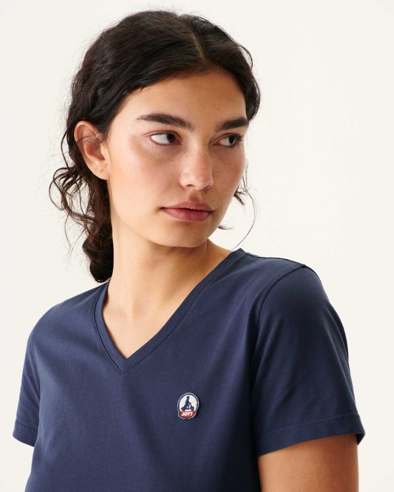 JOTT Cancun Plain V-neck Organic Cotton レディース Tシャツ ネイビー | IQA-2918