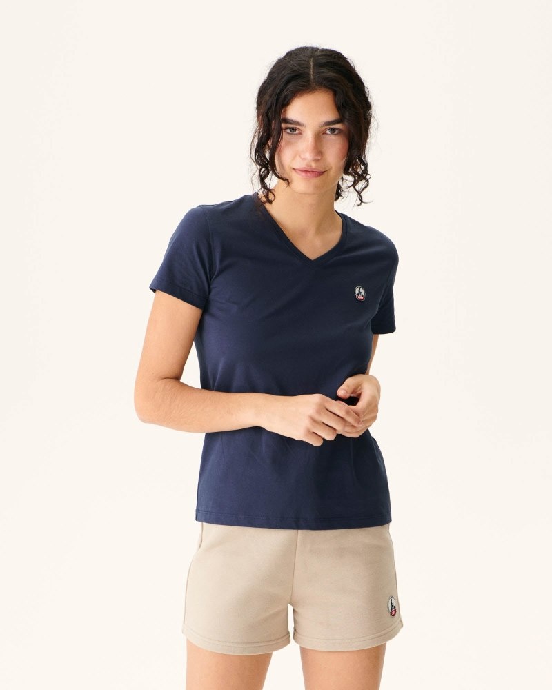 JOTT Cancun Plain V-neck Organic Cotton レディース Tシャツ ネイビー | IQA-2918